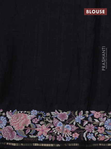 Semi tussar saree black with allover zari checked pattern and convent embroidery border