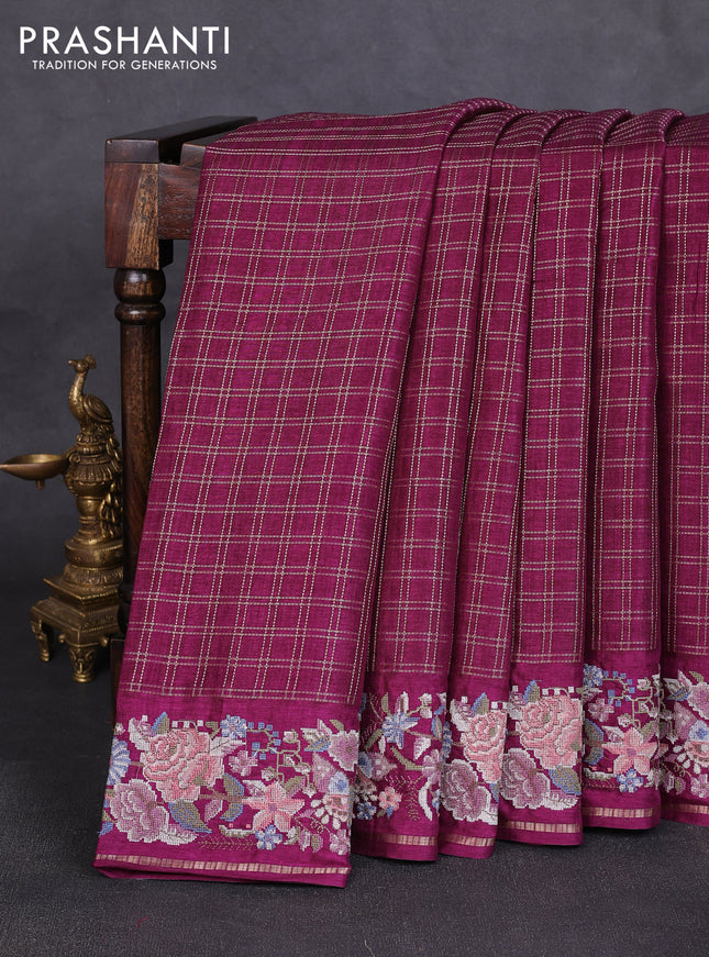 Semi tussar saree deep wine shade with allover zari checked pattern and convent embroidery border
