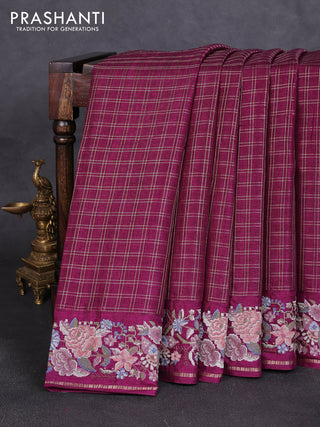 Semi tussar saree deep wine shade with allover zari checked pattern and convent embroidery border