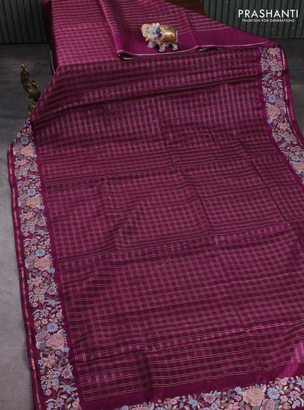 Semi tussar saree deep wine shade with allover zari checked pattern and convent embroidery border