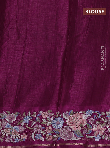 Semi tussar saree deep wine shade with allover zari checked pattern and convent embroidery border