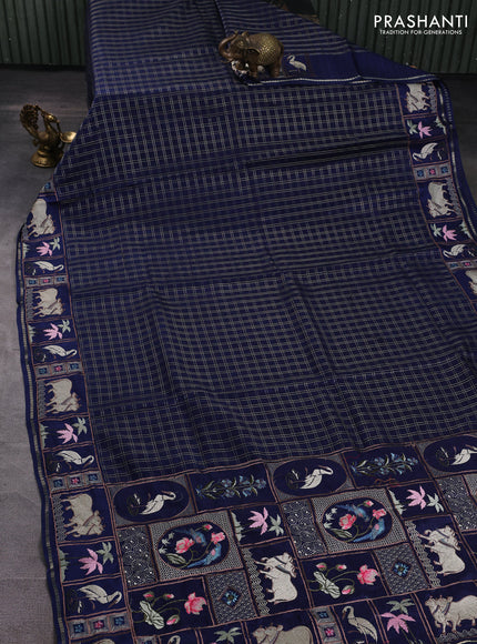 Semi tussar saree navy blue with allover zari checked pattern and pihwai embroidery border