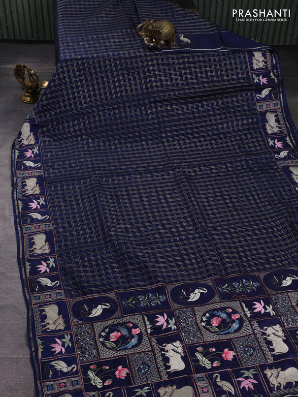 Semi tussar saree navy blue with allover zari checked pattern and pihwai embroidery border