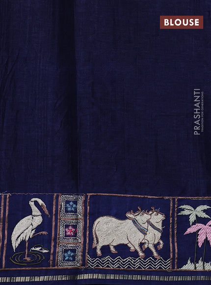 Semi tussar saree navy blue with allover zari checked pattern and pihwai embroidery border