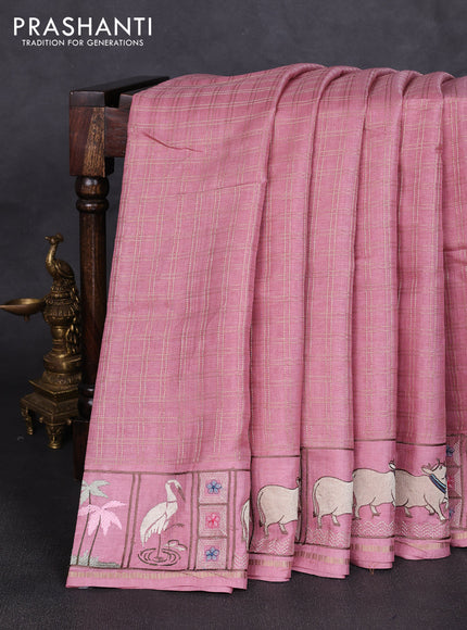 Semi tussar saree pastel pink with allover zari checked pattern and pihwai embroidery border