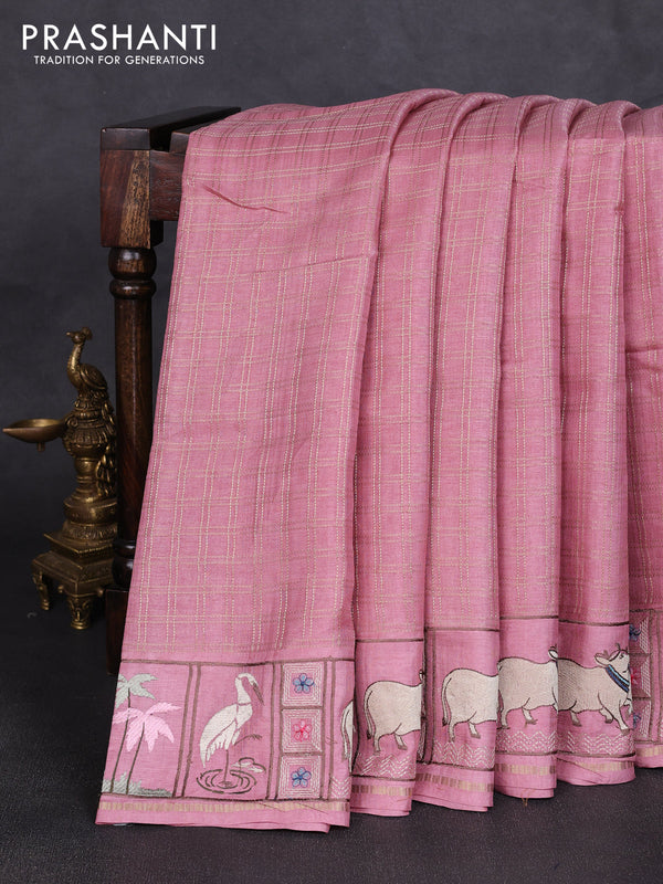 Semi tussar saree pastel pink with allover zari checked pattern and pihwai embroidery border