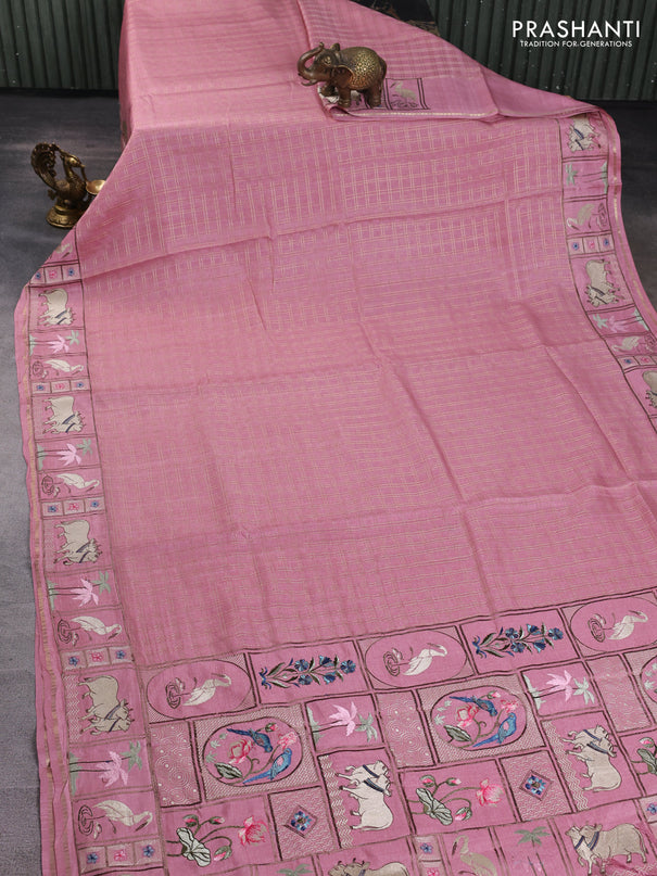 Semi tussar saree pastel pink with allover zari checked pattern and pihwai embroidery border