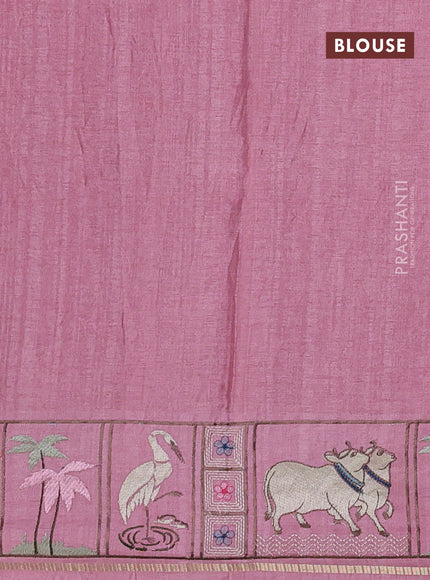 Semi tussar saree pastel pink with allover zari checked pattern and pihwai embroidery border