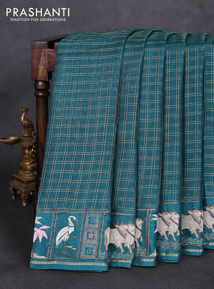 Semi tussar saree peacock green with allover zari checked pattern and pihwai embroidery border