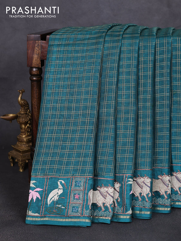Semi tussar saree peacock green with allover zari checked pattern and pihwai embroidery border