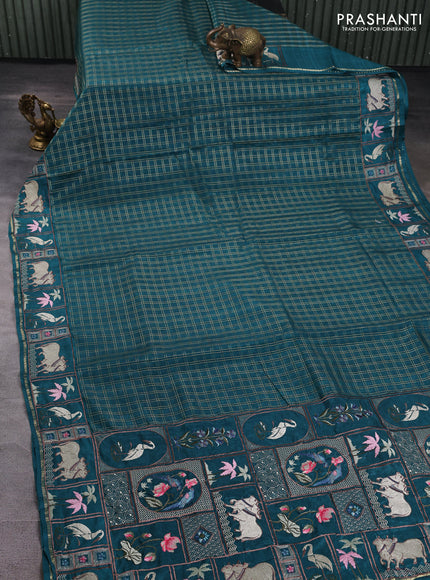 Semi tussar saree peacock green with allover zari checked pattern and pihwai embroidery border