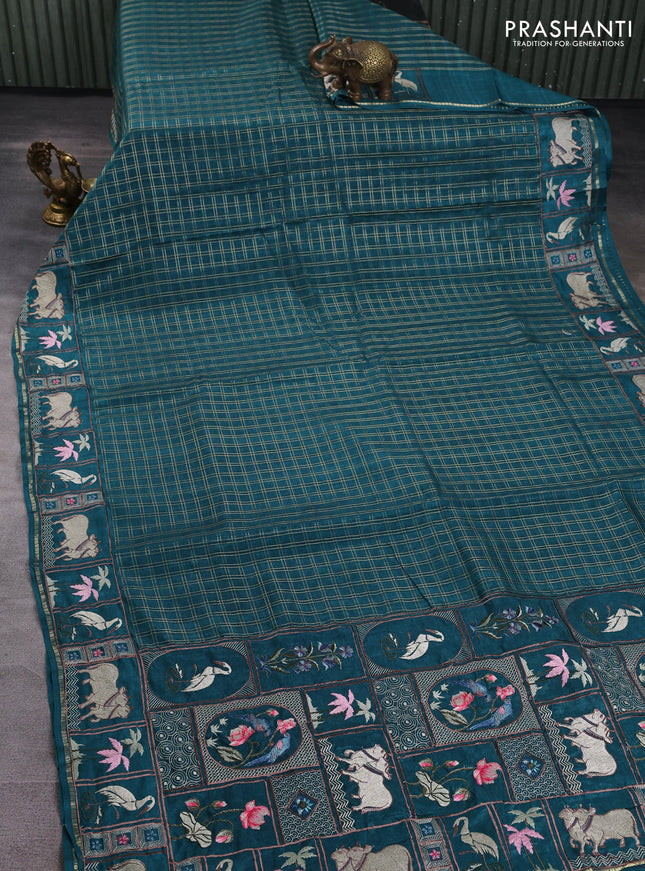 Semi tussar saree peacock green with allover zari checked pattern and pihwai embroidery border