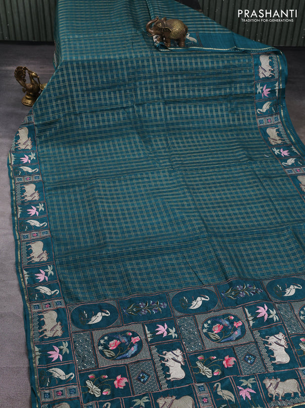 Semi tussar saree peacock green with allover zari checked pattern and pihwai embroidery border