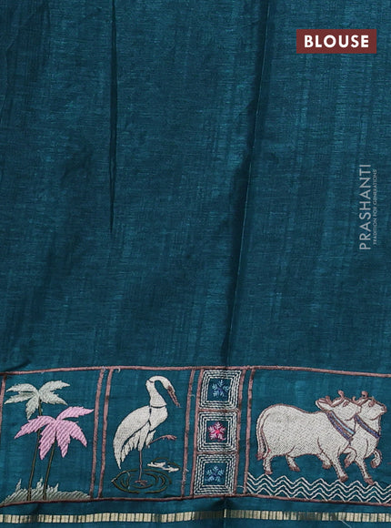 Semi tussar saree peacock green with allover zari checked pattern and pihwai embroidery border