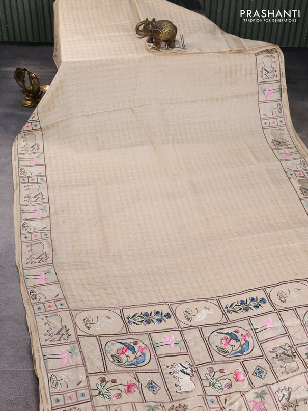 Semi tussar saree beige with allover zari checked pattern and pihwai embroidery border