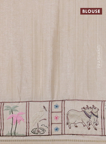 Semi tussar saree beige with allover zari checked pattern and pihwai embroidery border