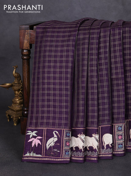 Semi tussar saree deep violet with allover zari checked pattern and pihwai embroidery border