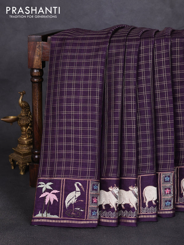 Semi tussar saree deep violet with allover zari checked pattern and pihwai embroidery border