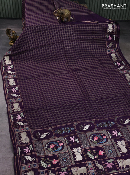 Semi tussar saree deep violet with allover zari checked pattern and pihwai embroidery border