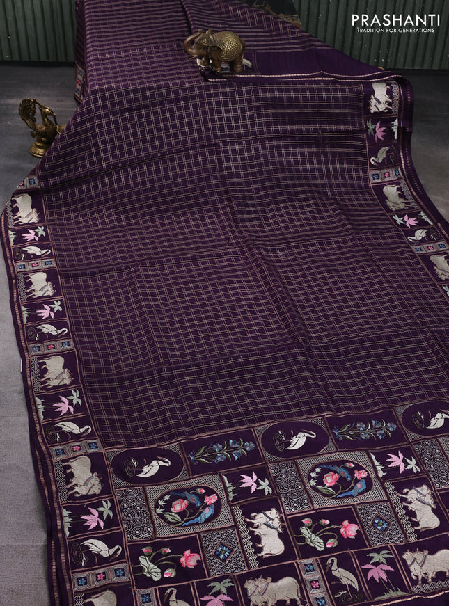 Semi tussar saree deep violet with allover zari checked pattern and pihwai embroidery border