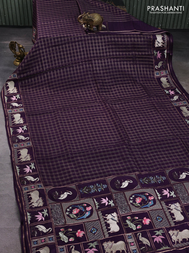 Semi tussar saree deep violet with allover zari checked pattern and pihwai embroidery border