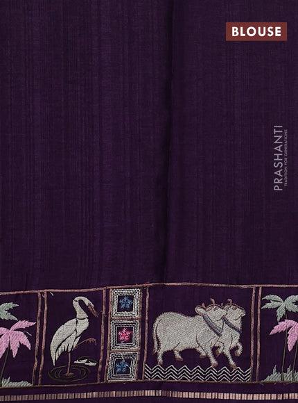 Semi tussar saree deep violet with allover zari checked pattern and pihwai embroidery border