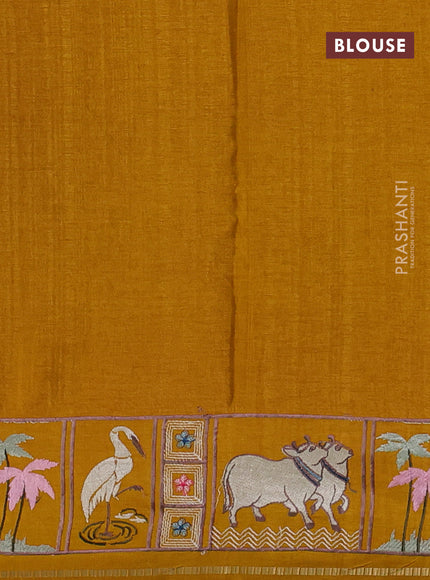 Semi tussar saree mustard yellow with allover zari checked pattern and pihwai embroidery border