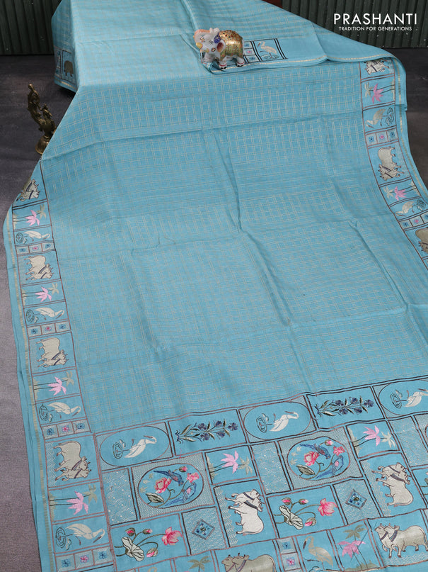 Semi tussar saree pastel blue with allover zari checked pattern and pihwai embroidery border