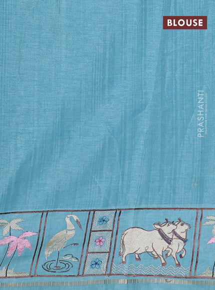 Semi tussar saree pastel blue with allover zari checked pattern and pihwai embroidery border