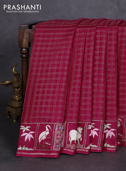Semi tussar saree dark pink with allover zari checked pattern and pihwai embroidery border