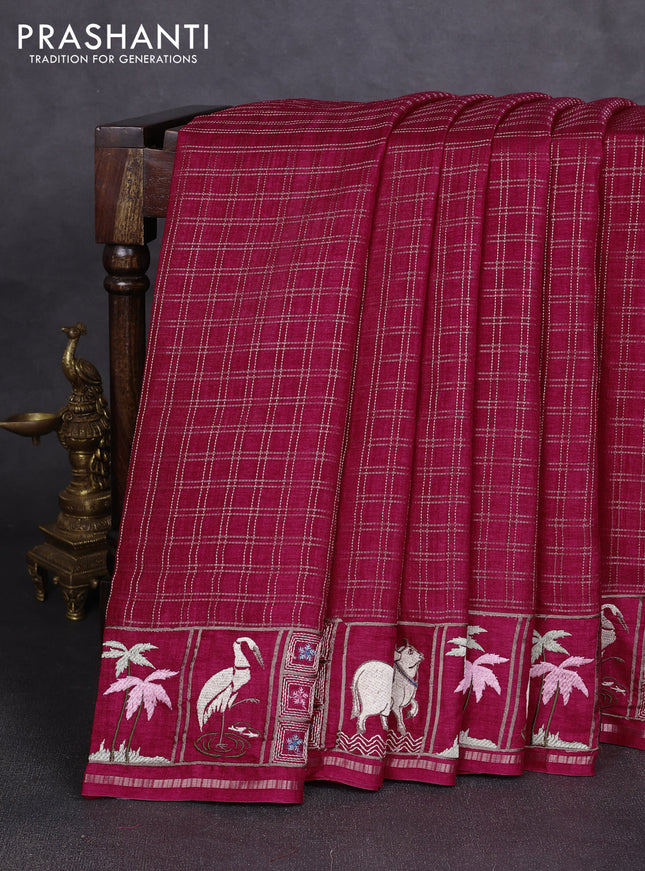 Semi tussar saree dark pink with allover zari checked pattern and pihwai embroidery border