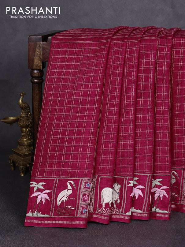 Semi tussar saree dark pink with allover zari checked pattern and pihwai embroidery border