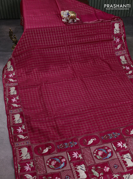 Semi tussar saree dark pink with allover zari checked pattern and pihwai embroidery border