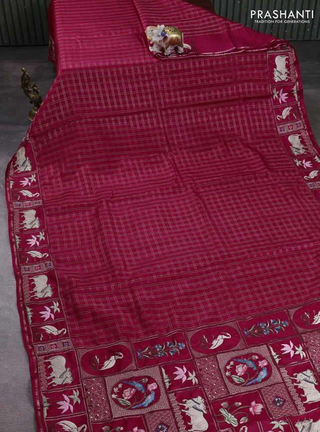 Semi tussar saree dark pink with allover zari checked pattern and pihwai embroidery border