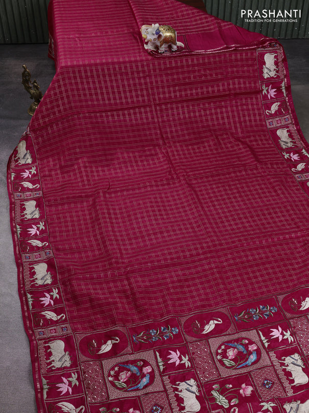Semi tussar saree dark pink with allover zari checked pattern and pihwai embroidery border
