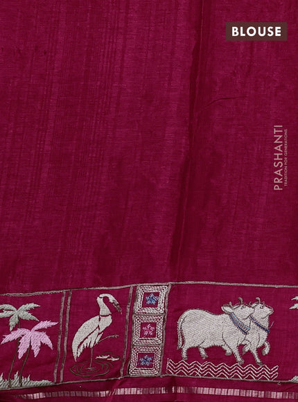 Semi tussar saree dark pink with allover zari checked pattern and pihwai embroidery border