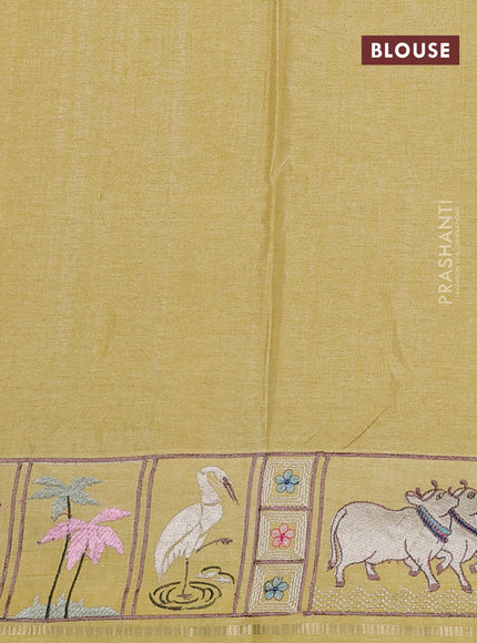 Semi tussar saree pale yellow with allover zari checked pattern and pihwai embroidery border