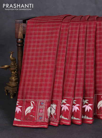 Semi tussar saree deep maroon with allover zari checked pattern and pihwai embroidery border