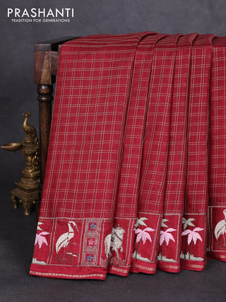 Semi tussar saree deep maroon with allover zari checked pattern and pihwai embroidery border