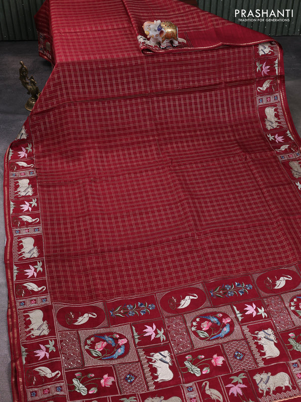 Semi tussar saree deep maroon with allover zari checked pattern and pihwai embroidery border