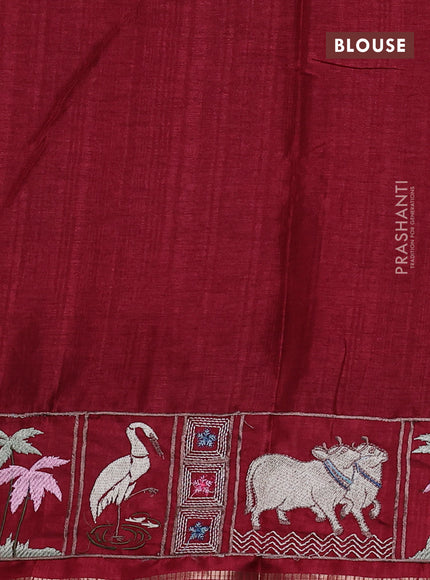 Semi tussar saree deep maroon with allover zari checked pattern and pihwai embroidery border