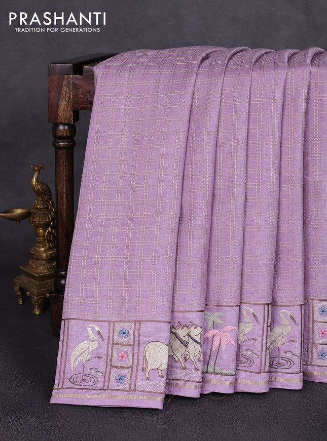 Semi tussar saree lavender with allover zari checked pattern and pihwai embroidery border