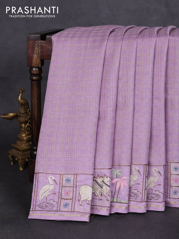 Semi tussar saree lavender with allover zari checked pattern and pihwai embroidery border