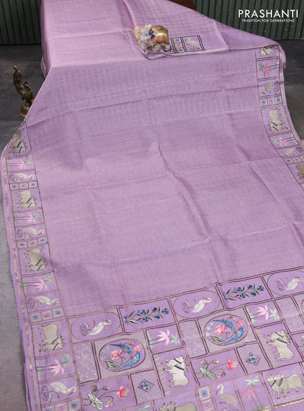 Semi tussar saree lavender with allover zari checked pattern and pihwai embroidery border