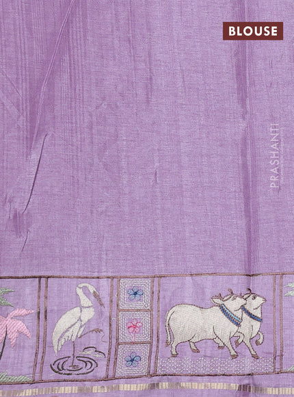 Semi tussar saree lavender with allover zari checked pattern and pihwai embroidery border