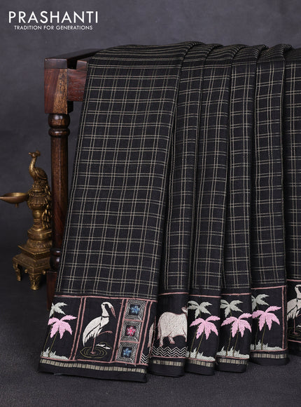 Semi tussar saree black with allover zari checked pattern and pihwai embroidery border