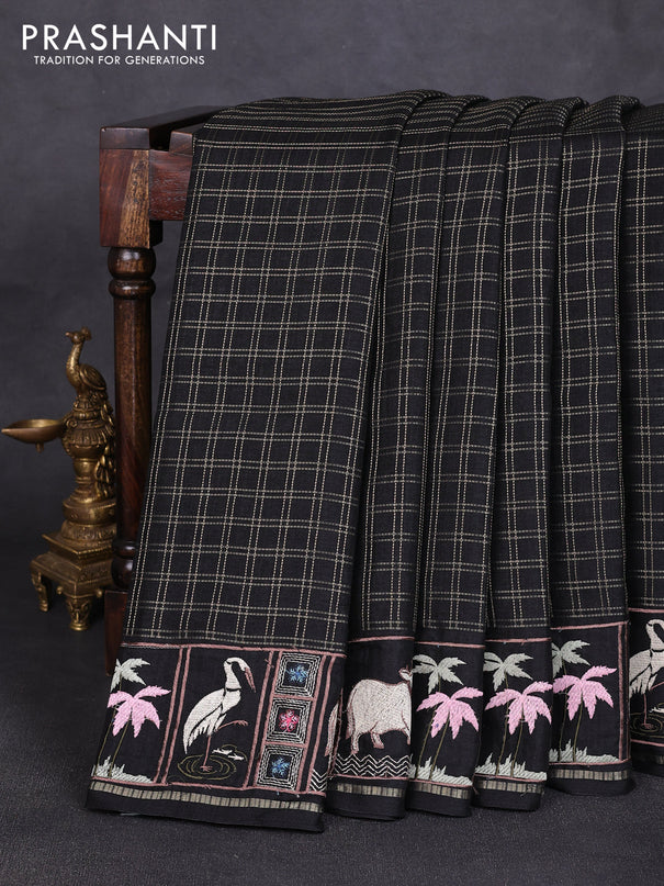 Semi tussar saree black with allover zari checked pattern and pihwai embroidery border