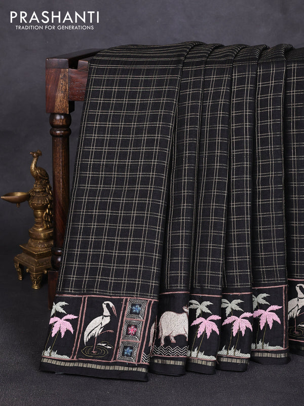 Semi tussar saree black with allover zari checked pattern and pihwai embroidery border