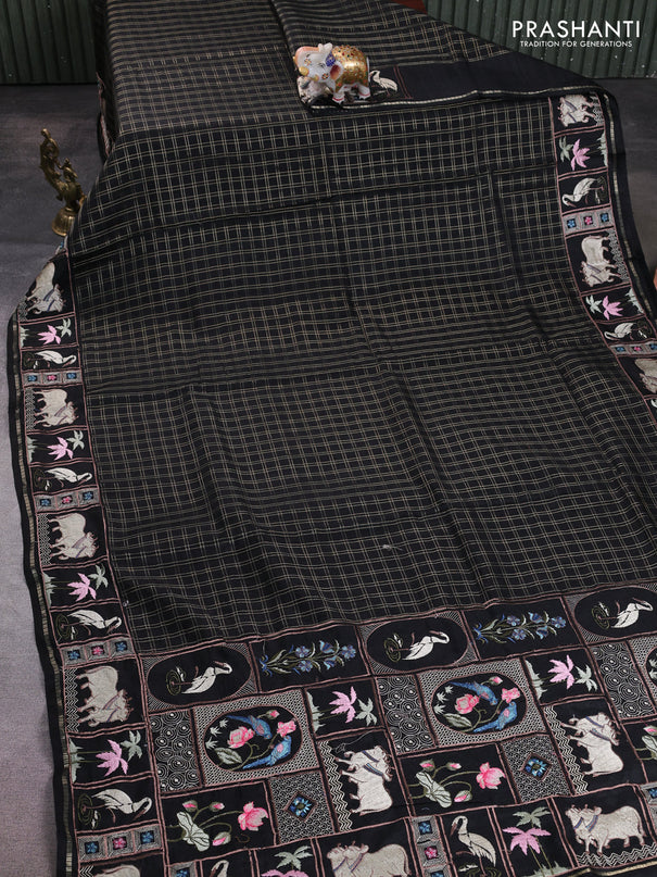 Semi tussar saree black with allover zari checked pattern and pihwai embroidery border