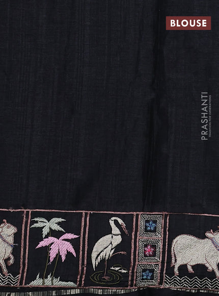 Semi tussar saree black with allover zari checked pattern and pihwai embroidery border